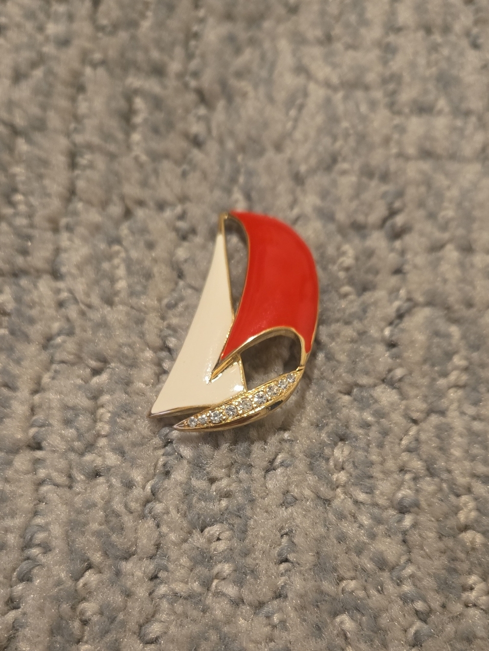 Vintage Gold-Tone Red and Cream Enamel Sail Brooch with Crystal Trim